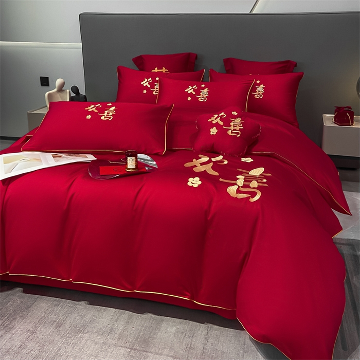 91家纺网 家纺一手货源 找家纺 欧乐蒂 2025新款婚庆亲肤棉精美刺绣四件套 欢喜