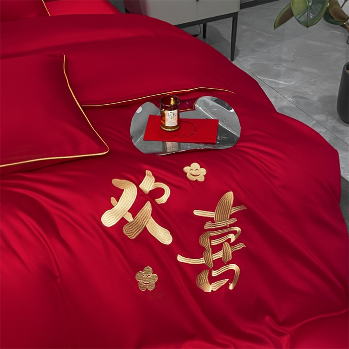 91家纺网 家纺一手货源 找家纺 欧乐蒂 2025新款婚庆亲肤棉精美刺绣四件套 欢喜