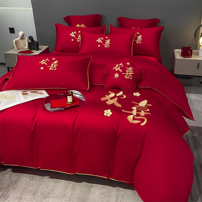 91家纺网 家纺一手货源 找家纺 欧乐蒂 2025新款婚庆亲肤棉精美刺绣四件套 欢喜