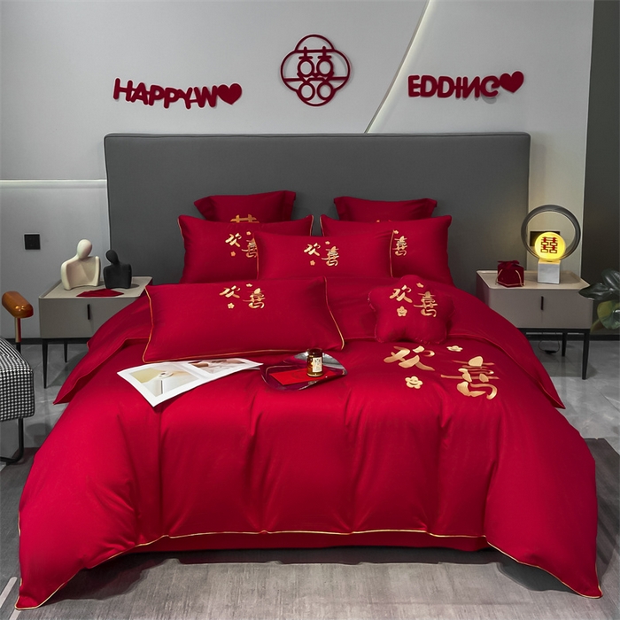 91家纺网 家纺一手货源 找家纺 欧乐蒂 2025新款婚庆亲肤棉精美刺绣四件套 欢喜