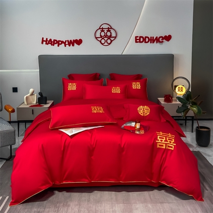 欧乐蒂 2025新款婚庆亲肤棉精美刺绣四件套 双喜