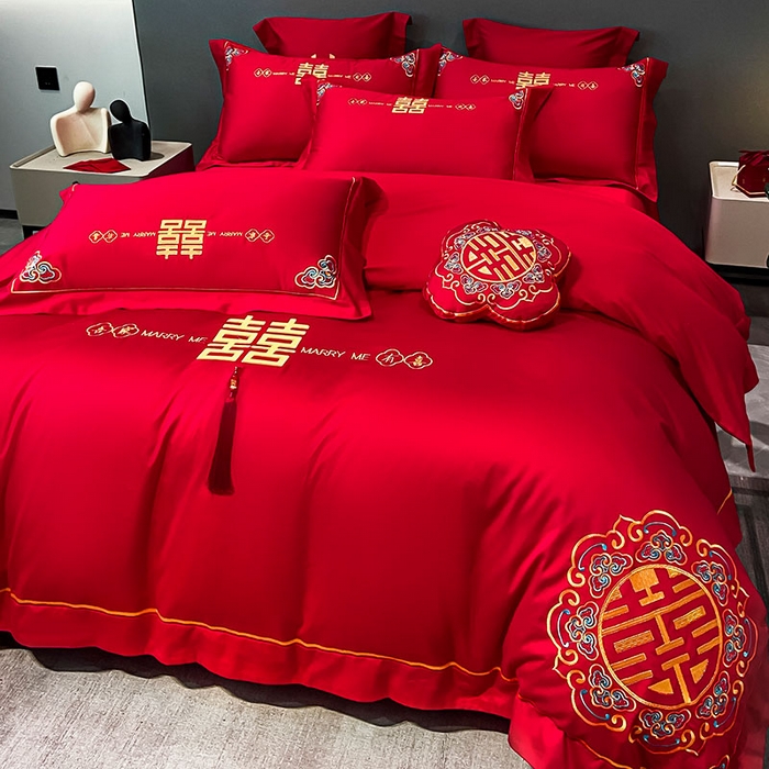 91家纺网 家纺一手货源 找家纺 欧乐蒂 2025新款婚庆亲肤棉精美刺绣四件套 吾家有喜