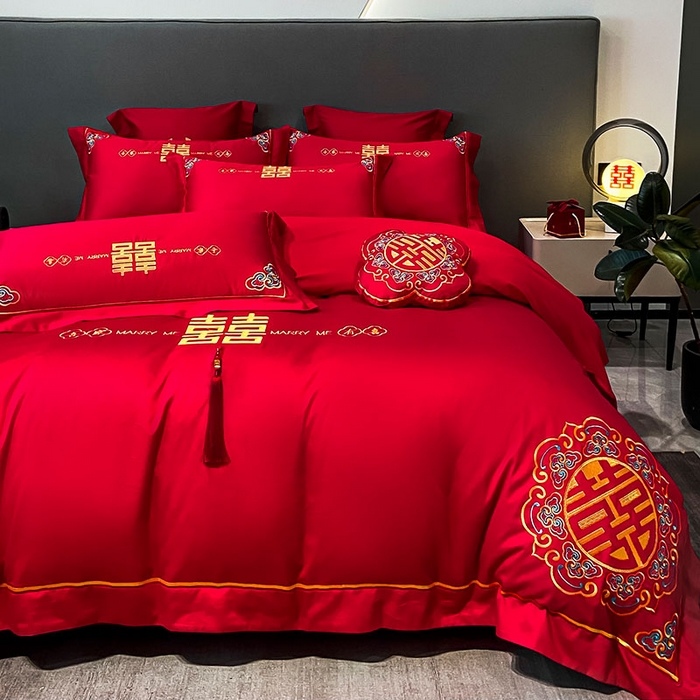 91家纺网 家纺一手货源 找家纺 欧乐蒂 2025新款婚庆亲肤棉精美刺绣四件套 吾家有喜