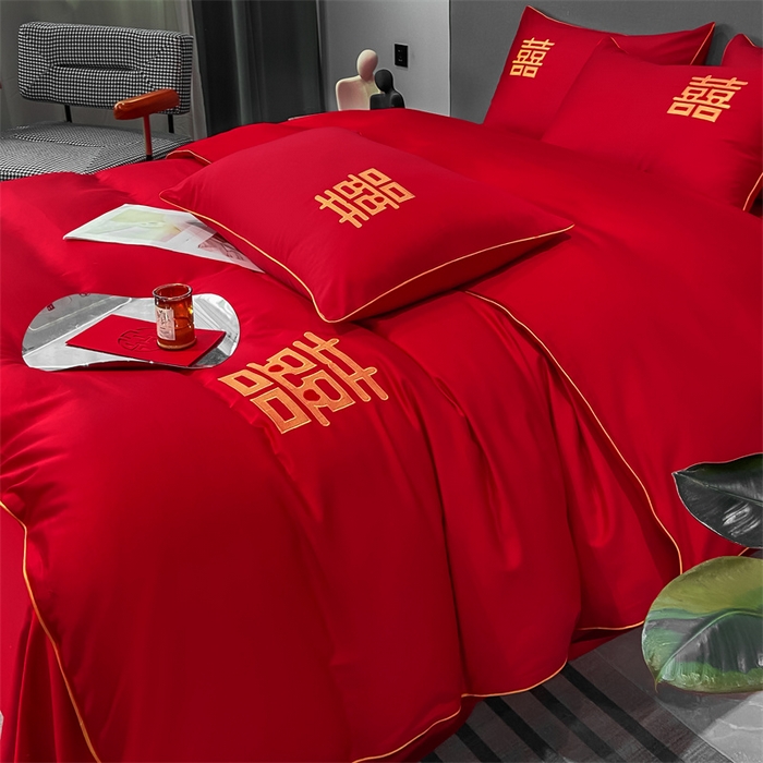 91家纺网 家纺一手货源 找家纺 欧乐蒂 2025新款婚庆亲肤棉精美刺绣四件套 双喜