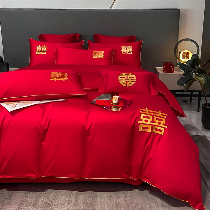 91家纺网 家纺一手货源 找家纺 欧乐蒂 2025新款婚庆亲肤棉精美刺绣四件套 双喜