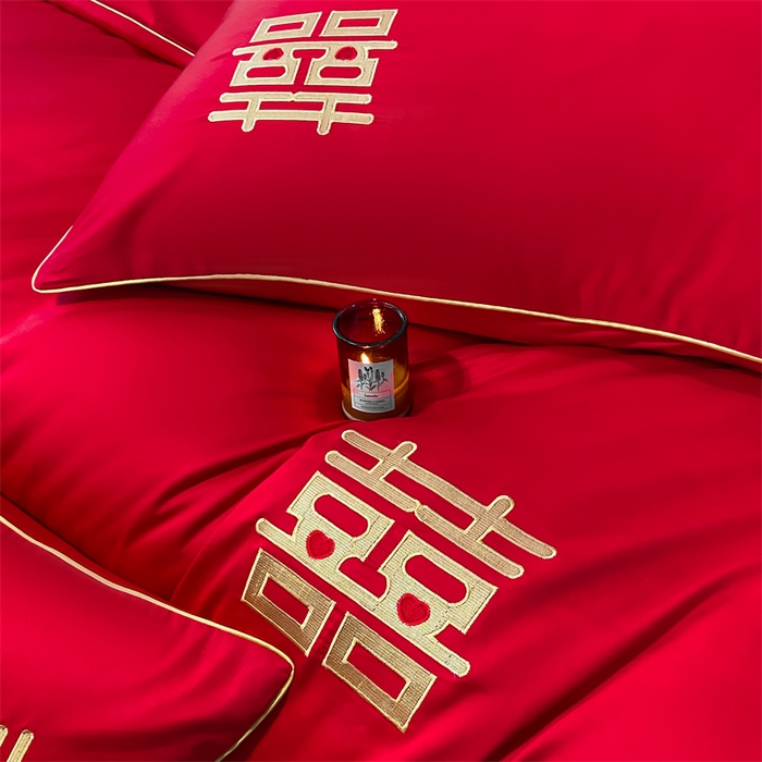 91家纺网 家纺一手货源 找家纺 欧乐蒂 2025新款婚庆亲肤棉精美刺绣四件套 双喜