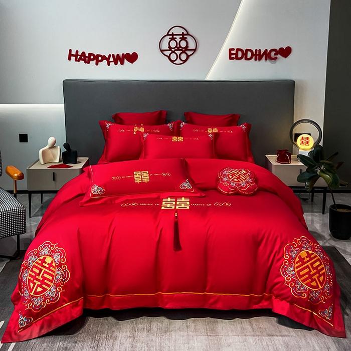 91家纺网 家纺一手货源 找家纺 欧乐蒂 2025新款婚庆亲肤棉精美刺绣四件套 吾家有喜