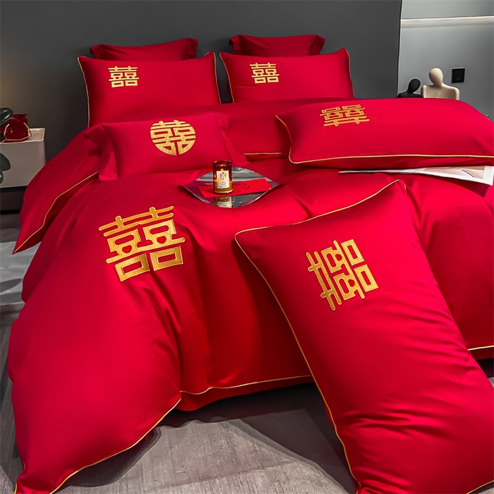 91家纺网 家纺一手货源 找家纺 欧乐蒂 2025新款婚庆亲肤棉精美刺绣四件套 双喜