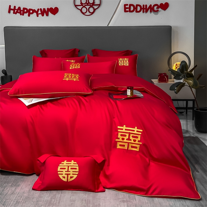 91家纺网 家纺一手货源 找家纺 欧乐蒂 2025新款婚庆亲肤棉精美刺绣四件套 双喜