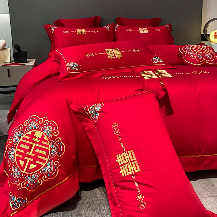 91家纺网 家纺一手货源 找家纺 欧乐蒂 2025新款婚庆亲肤棉精美刺绣四件套 吾家有喜