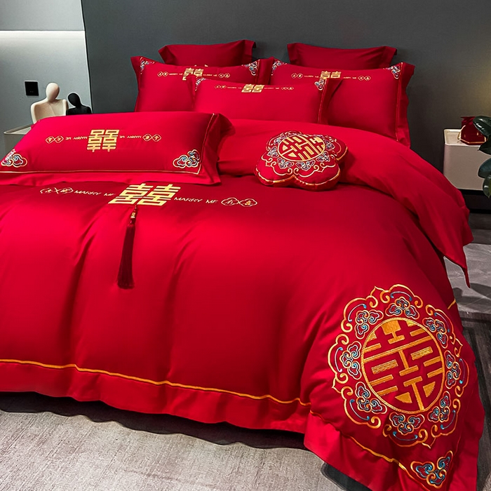 91家纺网 家纺一手货源 找家纺 欧乐蒂 2025新款婚庆亲肤棉精美刺绣四件套 吾家有喜