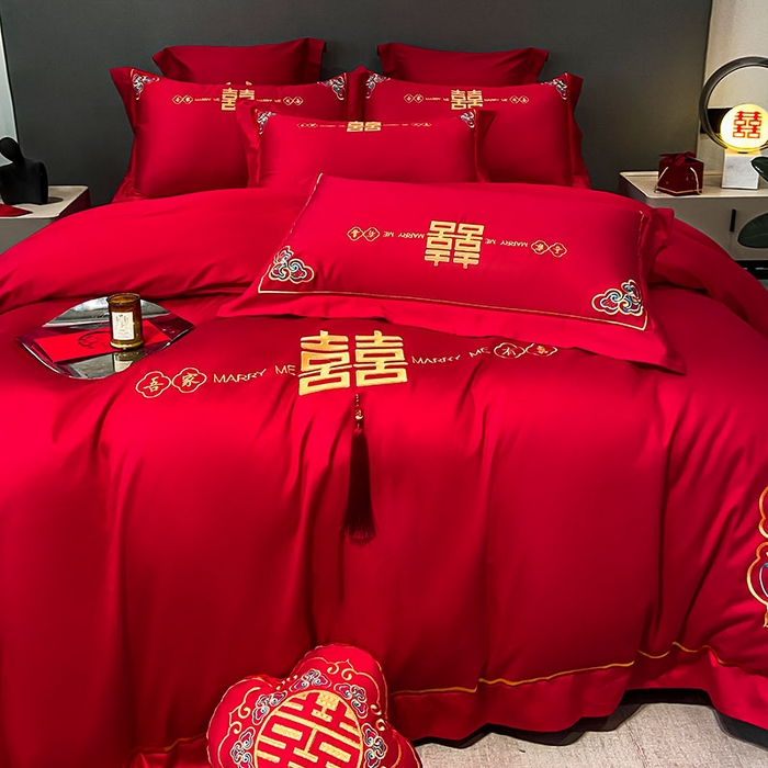 91家纺网 家纺一手货源 找家纺 欧乐蒂 2025新款婚庆亲肤棉精美刺绣四件套 吾家有喜