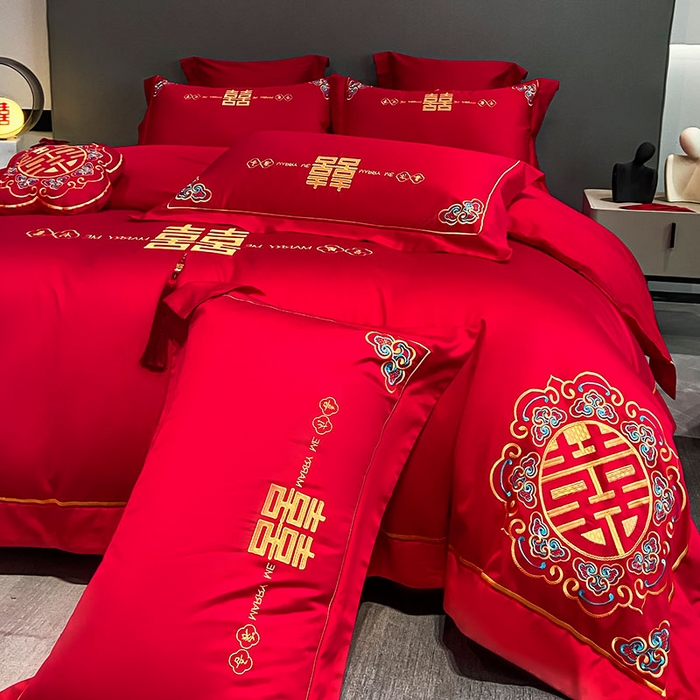 91家纺网 家纺一手货源 找家纺 欧乐蒂 2025新款婚庆亲肤棉精美刺绣四件套 吾家有喜