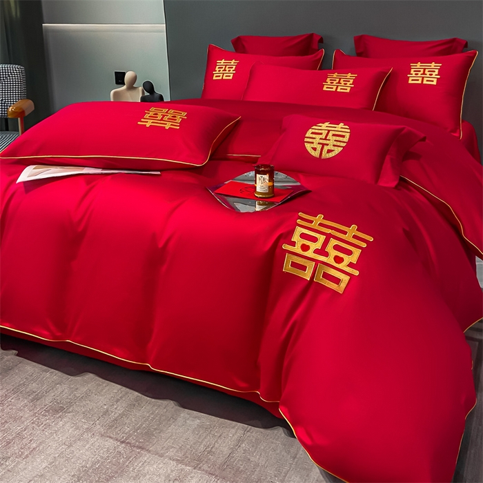 91家纺网 家纺一手货源 找家纺 欧乐蒂 2025新款婚庆亲肤棉精美刺绣四件套 双喜