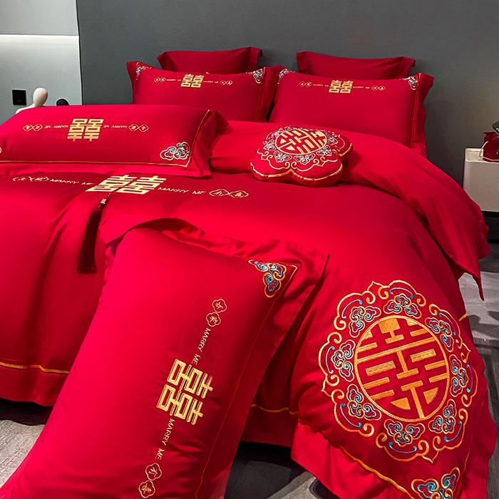 91家纺网 家纺一手货源 找家纺 欧乐蒂 2025新款婚庆亲肤棉精美刺绣四件套 吾家有喜