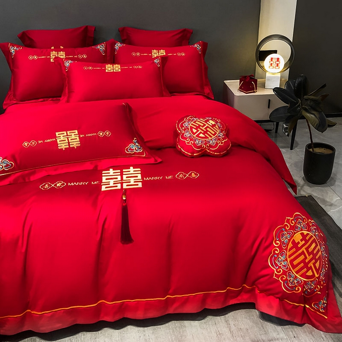 91家纺网 家纺一手货源 找家纺 欧乐蒂 2025新款婚庆亲肤棉精美刺绣四件套 吾家有喜