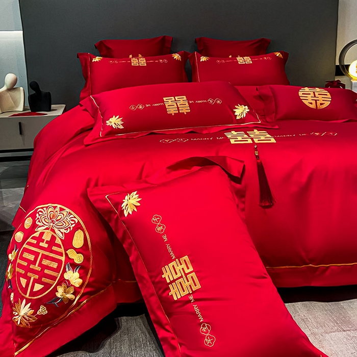 91家纺网 家纺一手货源 找家纺 欧乐蒂 2025新款婚庆亲肤棉精美刺绣四件套 早生贵子