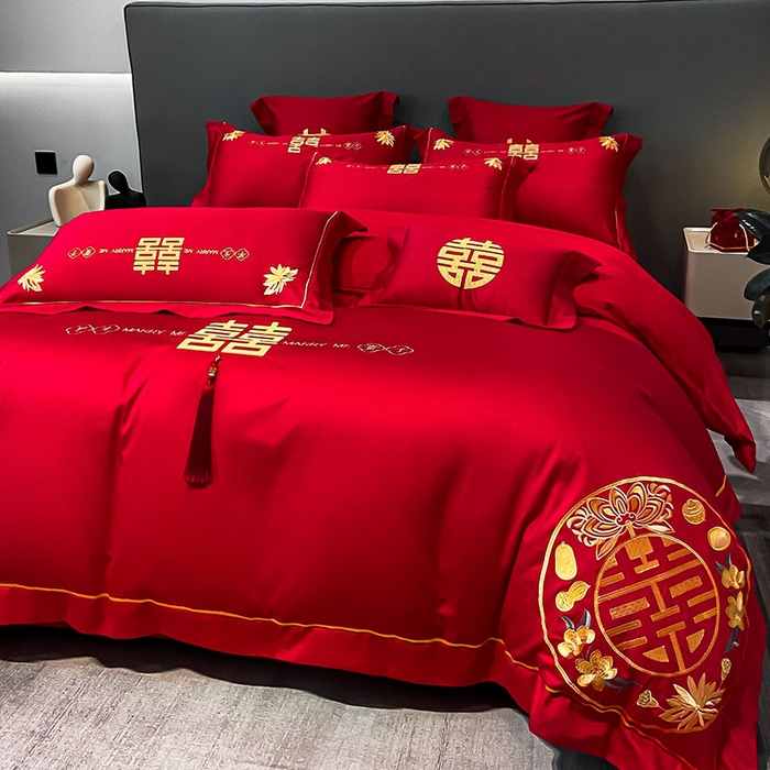 91家纺网 家纺一手货源 找家纺 欧乐蒂 2025新款婚庆亲肤棉精美刺绣四件套 早生贵子