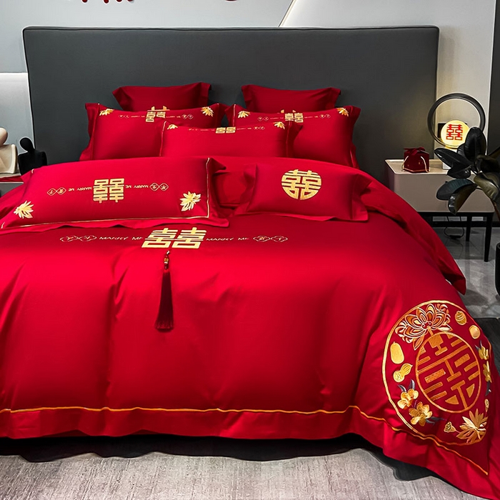 91家纺网 家纺一手货源 找家纺 欧乐蒂 2025新款婚庆亲肤棉精美刺绣四件套 早生贵子