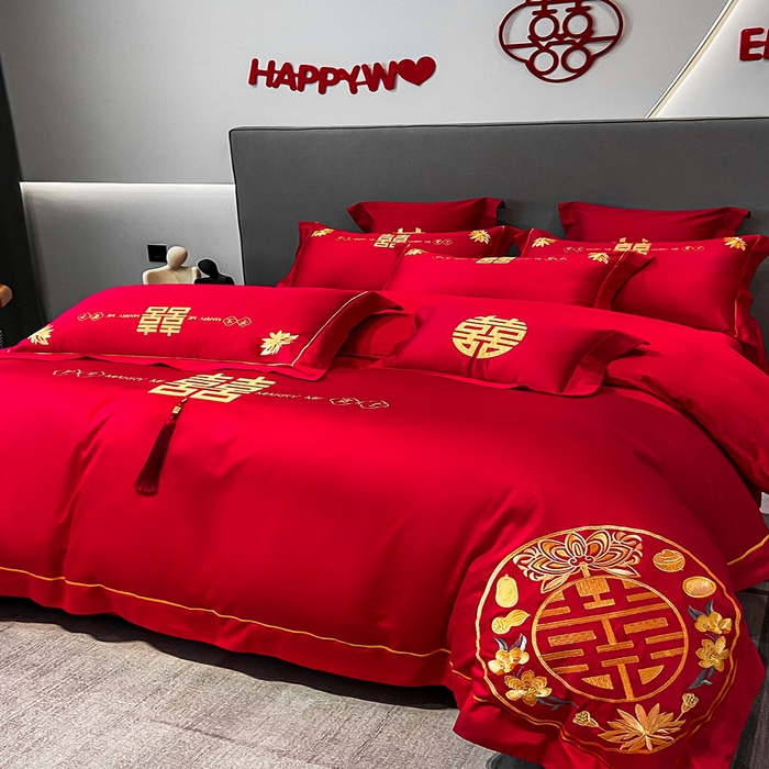 91家纺网 家纺一手货源 找家纺 欧乐蒂 2025新款婚庆亲肤棉精美刺绣四件套 早生贵子