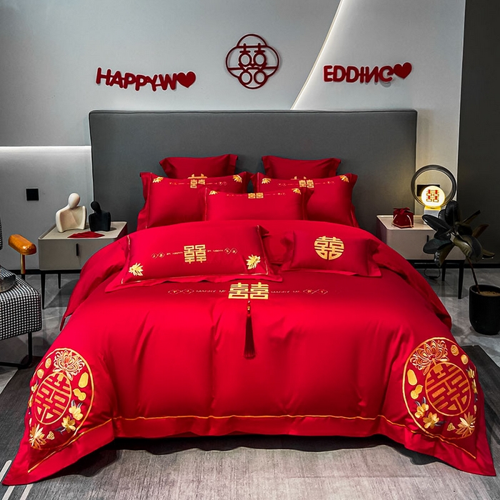 91家纺网 家纺一手货源 找家纺 欧乐蒂 2025新款婚庆亲肤棉精美刺绣四件套 早生贵子