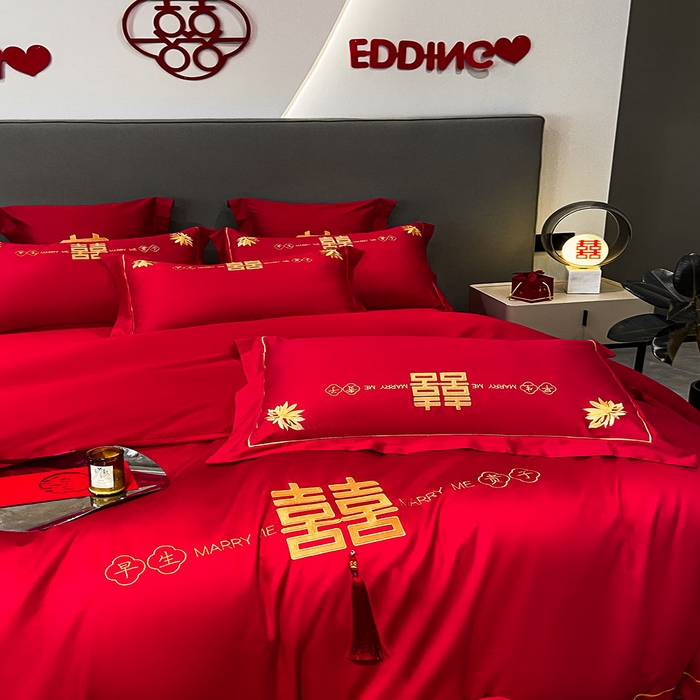 91家纺网 家纺一手货源 找家纺 欧乐蒂 2025新款婚庆亲肤棉精美刺绣四件套 早生贵子