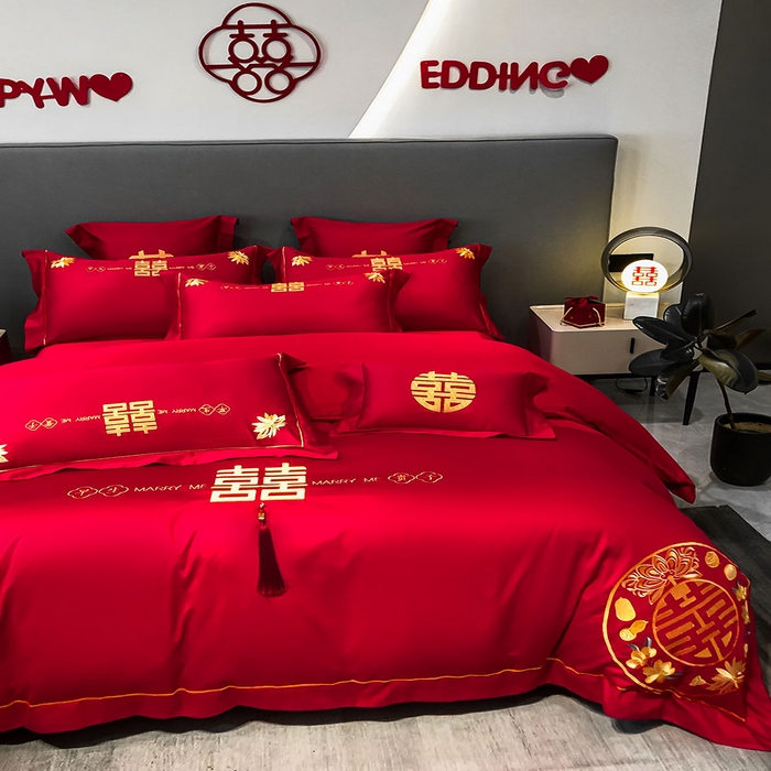 91家纺网 家纺一手货源 找家纺 欧乐蒂 2025新款婚庆亲肤棉精美刺绣四件套 早生贵子