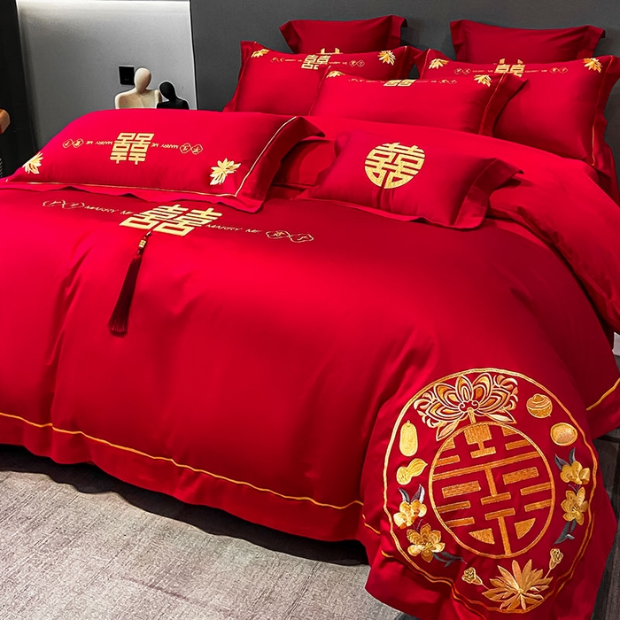 91家纺网 家纺一手货源 找家纺 欧乐蒂 2025新款婚庆亲肤棉精美刺绣四件套 早生贵子