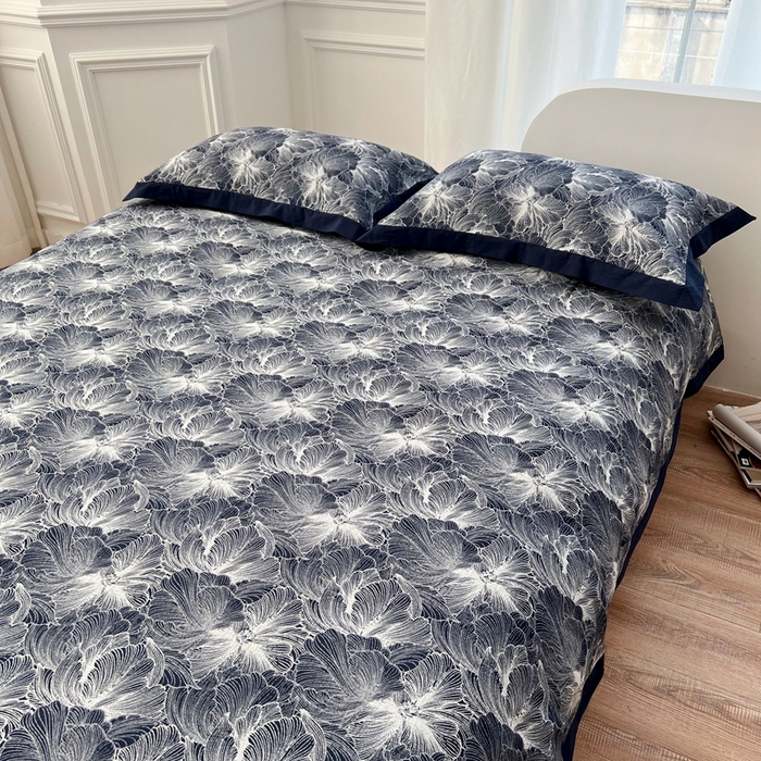 91家纺网 家纺一手货源 找家纺 安莱生活 2023新款色织双层纱工艺款宽边高奢四件套 国色天香-藏青