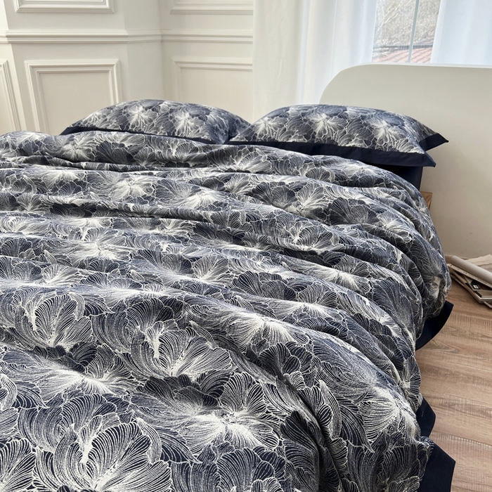 91家纺网 家纺一手货源 找家纺 安莱生活 2023新款色织双层纱工艺款宽边高奢四件套 国色天香-藏青