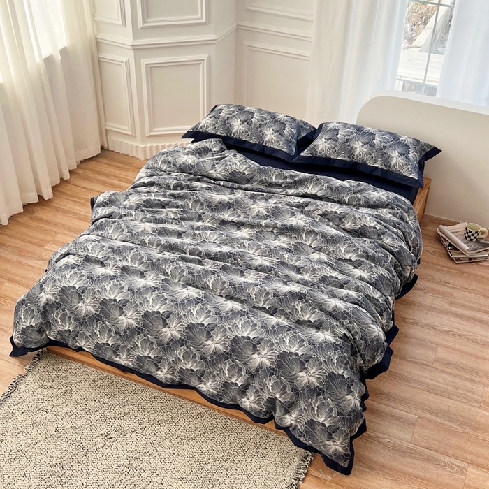 91家纺网 家纺一手货源 找家纺 安莱生活 2023新款色织双层纱工艺款宽边高奢四件套 国色天香-藏青