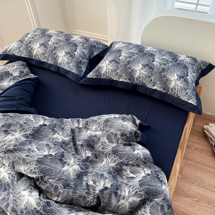 91家纺网 家纺一手货源 找家纺 安莱生活 2023新款色织双层纱工艺款宽边高奢四件套 国色天香-藏青