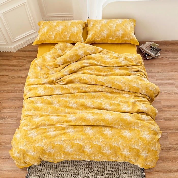 91家纺网 家纺一手货源 找家纺 安莱生活 2023新款色织双层纱工艺款宽边高奢四件套 国色天香-姜黄