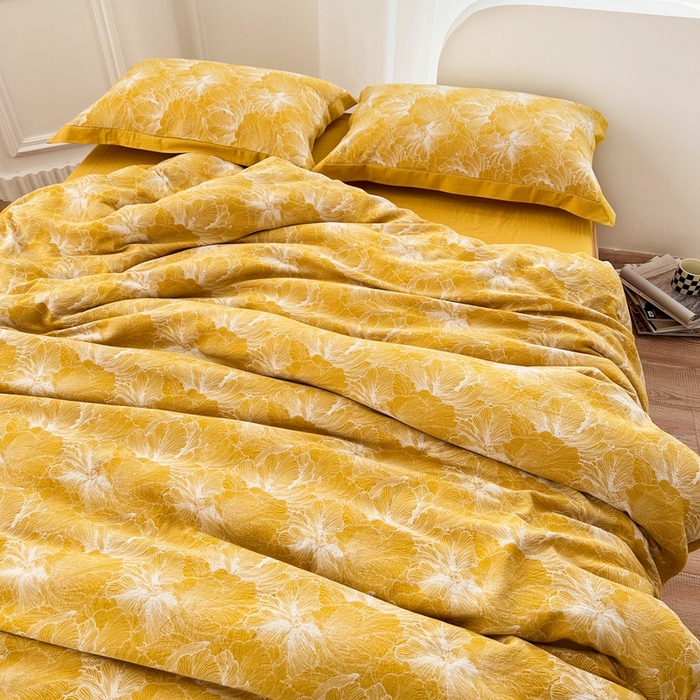 91家纺网 家纺一手货源 找家纺 安莱生活 2023新款色织双层纱工艺款宽边高奢四件套 国色天香-姜黄