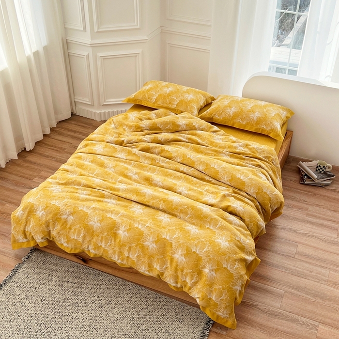 91家纺网 家纺一手货源 找家纺 安莱生活 2023新款色织双层纱工艺款宽边高奢四件套 国色天香-姜黄