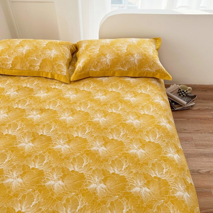 91家纺网 家纺一手货源 找家纺 安莱生活 2023新款色织双层纱工艺款宽边高奢四件套 国色天香-姜黄