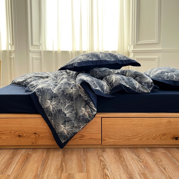 91家纺网 家纺一手货源 找家纺 安莱生活 2023新款色织双层纱工艺款宽边高奢四件套 国色天香-藏青