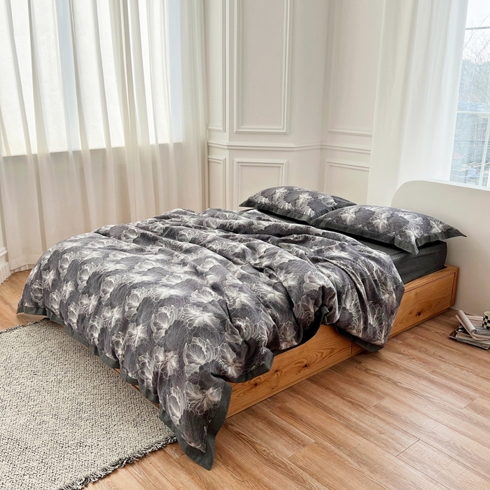 91家纺网 家纺一手货源 找家纺 安莱生活 2023新款色织双层纱工艺款宽边高奢四件套 国色天香-深灰