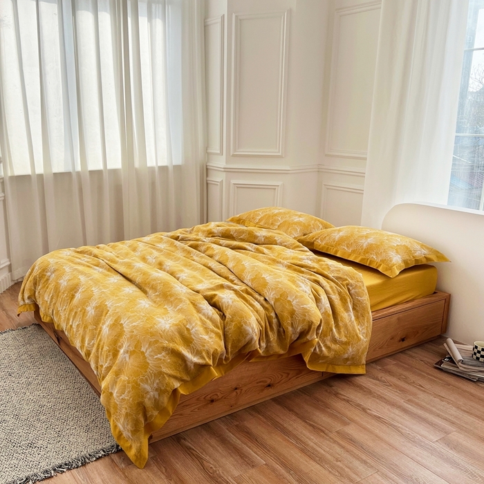 91家纺网 家纺一手货源 找家纺 安莱生活 2023新款色织双层纱工艺款宽边高奢四件套 国色天香-姜黄