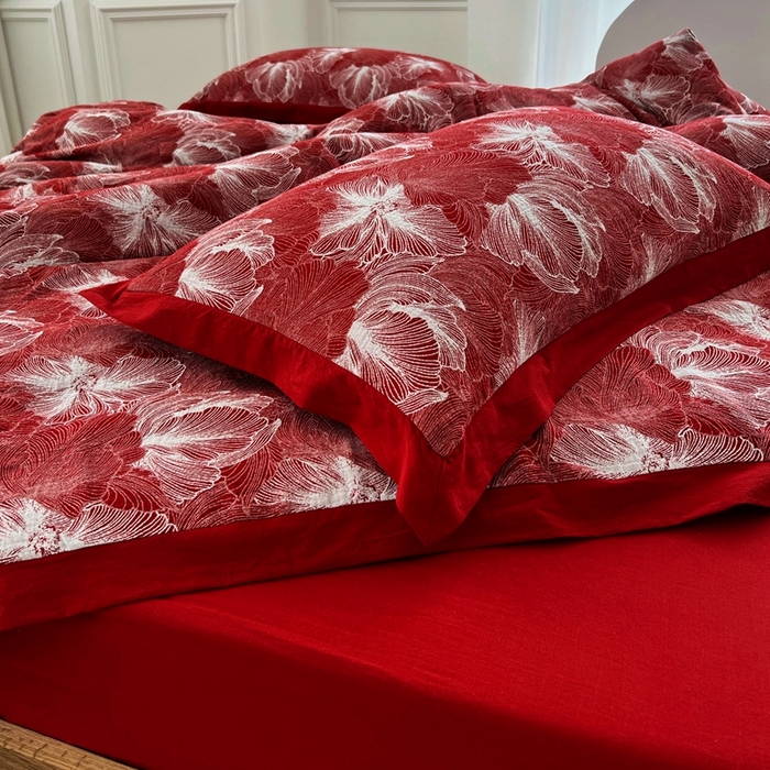 91家纺网 家纺一手货源 找家纺 安莱生活 2023新款色织双层纱工艺款宽边高奢四件套 国色天香-朱红