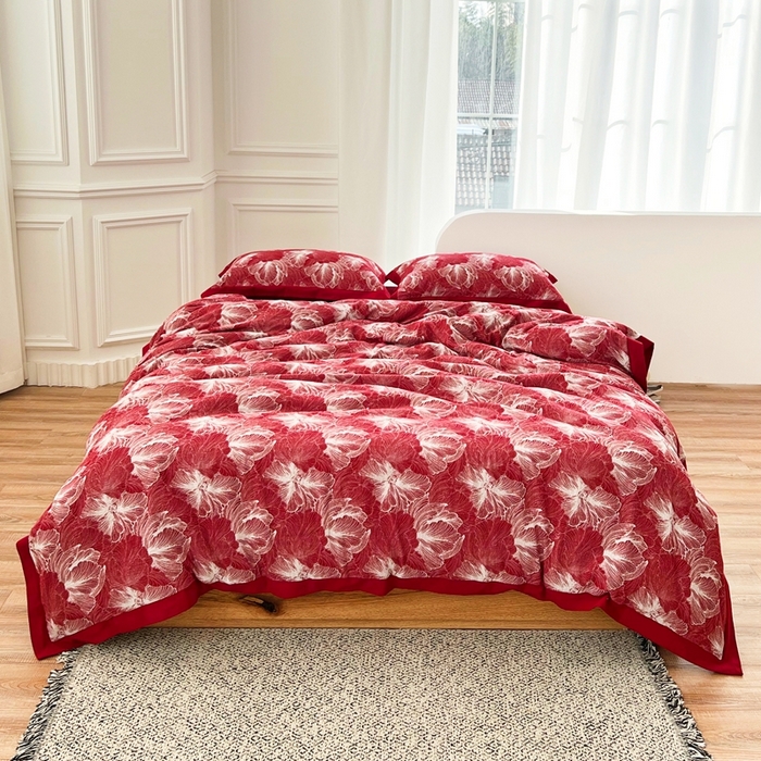 91家纺网 家纺一手货源 找家纺 安莱生活 2023新款色织双层纱工艺款宽边高奢四件套 国色天香-朱红