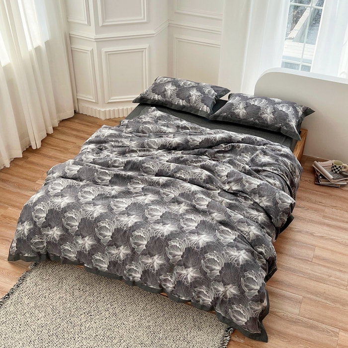 91家纺网 家纺一手货源 找家纺 安莱生活 2023新款色织双层纱工艺款宽边高奢四件套 国色天香-深灰