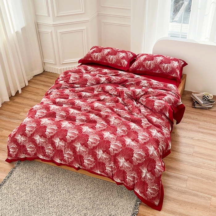 91家纺网 家纺一手货源 找家纺 安莱生活 2023新款色织双层纱工艺款宽边高奢四件套 国色天香-朱红