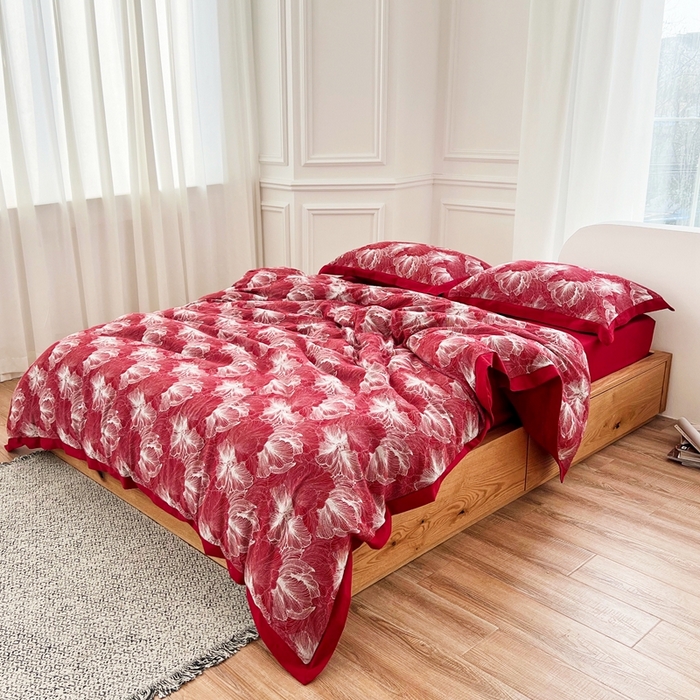 91家纺网 家纺一手货源 找家纺 安莱生活 2023新款色织双层纱工艺款宽边高奢四件套 国色天香-朱红