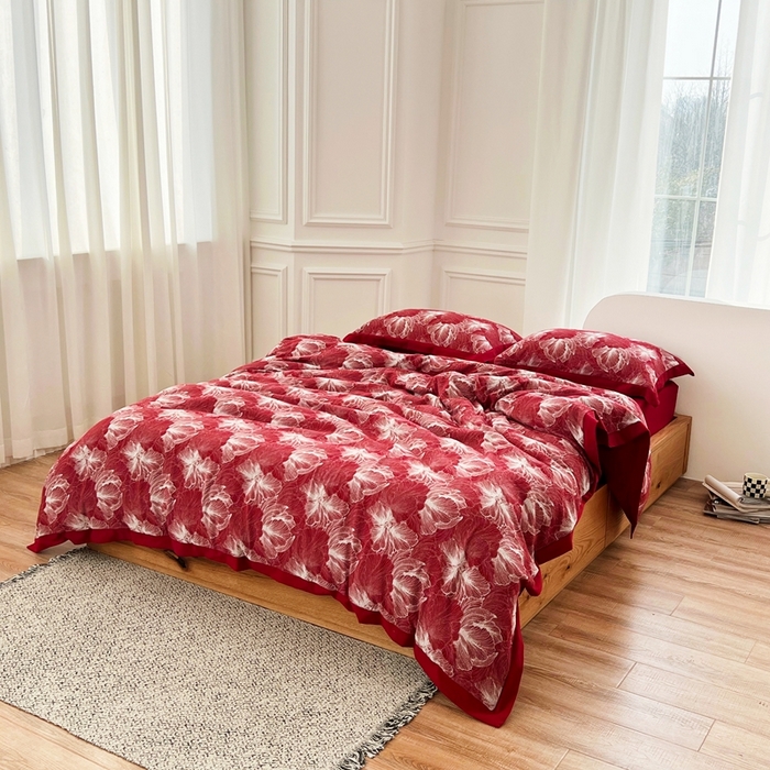 91家纺网 家纺一手货源 找家纺 安莱生活 2023新款色织双层纱工艺款宽边高奢四件套 国色天香-朱红