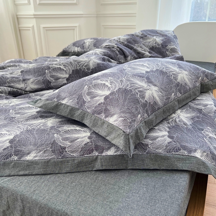 91家纺网 家纺一手货源 找家纺 安莱生活 2023新款色织双层纱工艺款宽边高奢四件套 国色天香-深灰