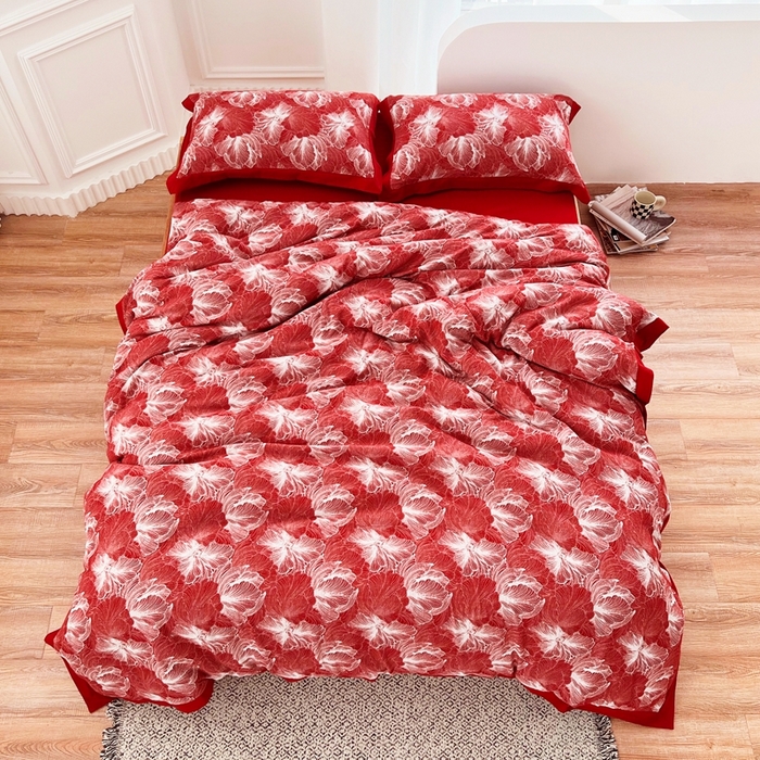 91家纺网 家纺一手货源 找家纺 安莱生活 2023新款色织双层纱工艺款宽边高奢四件套 国色天香-朱红