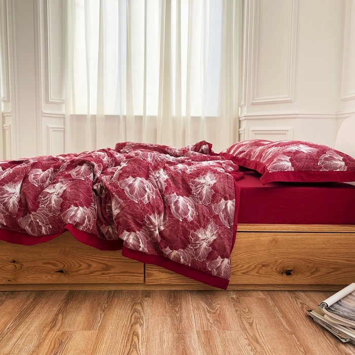 91家纺网 家纺一手货源 找家纺 安莱生活 2023新款色织双层纱工艺款宽边高奢四件套 国色天香-朱红