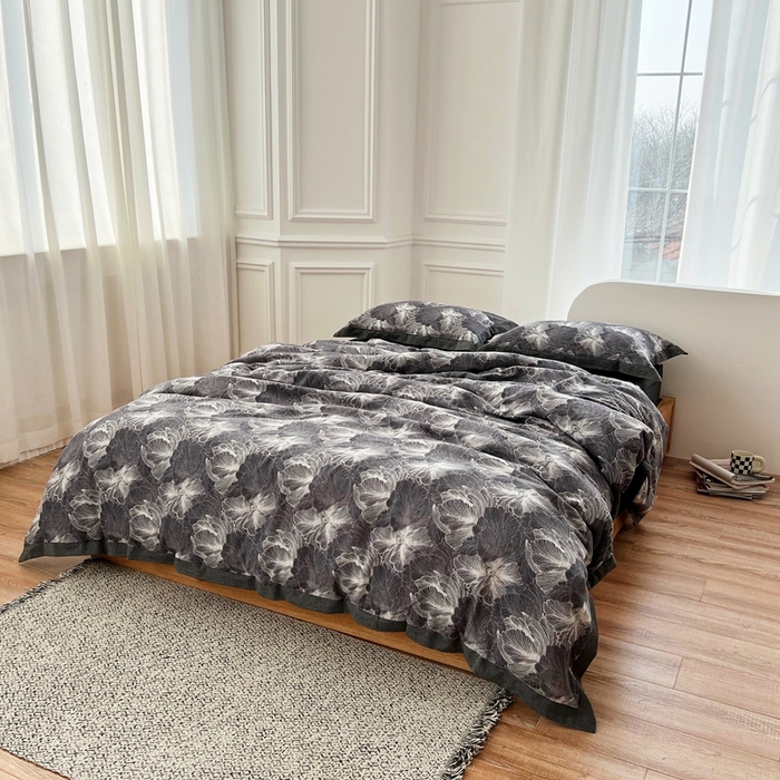 91家纺网 家纺一手货源 找家纺 安莱生活 2023新款色织双层纱工艺款宽边高奢四件套 国色天香-深灰