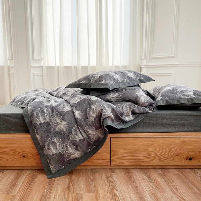 91家纺网 家纺一手货源 找家纺 安莱生活 2023新款色织双层纱工艺款宽边高奢四件套 国色天香-深灰